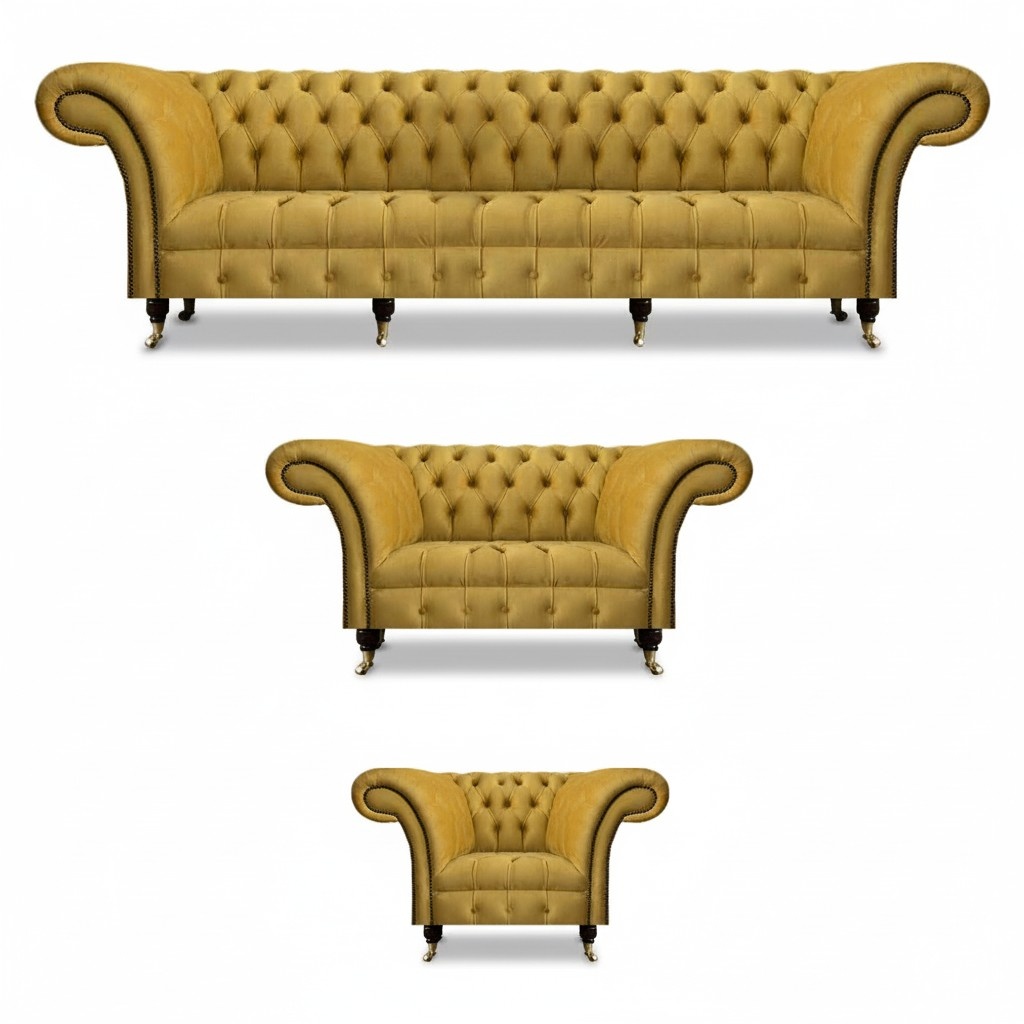 Gelbe Chesterfield Wohnzimmer Sitzgarnitur Polster Möbel Textilsitzer