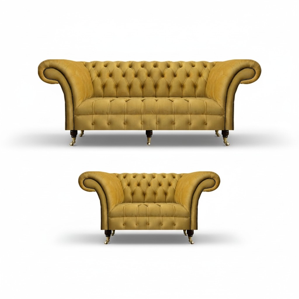 Gelbe Polstermöbel Designer Chesterfield Couchen Dreisitzer Textilsofas