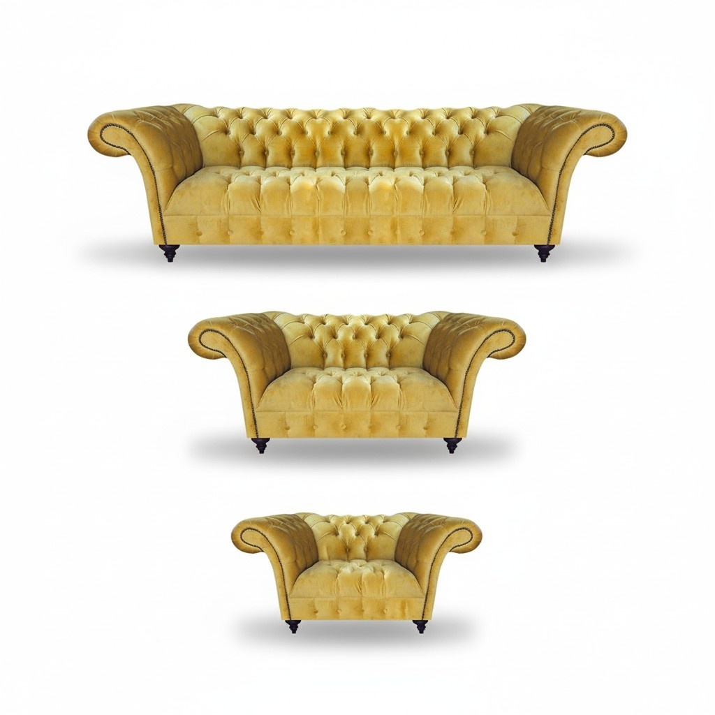Gelbe Textilcouchen Chesterfield Sofas Designer Wohnzimmer Garnitur 3tlg