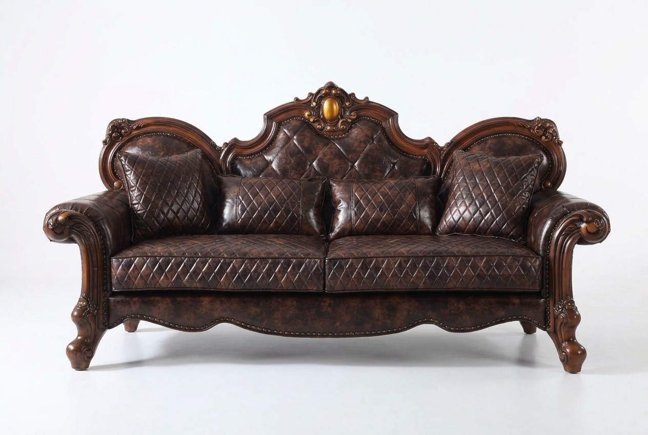 Geschnitzte Barock Wohnzimmer Möbel Sofa Leder Couch Dreisitzer Sitz Polster neu
