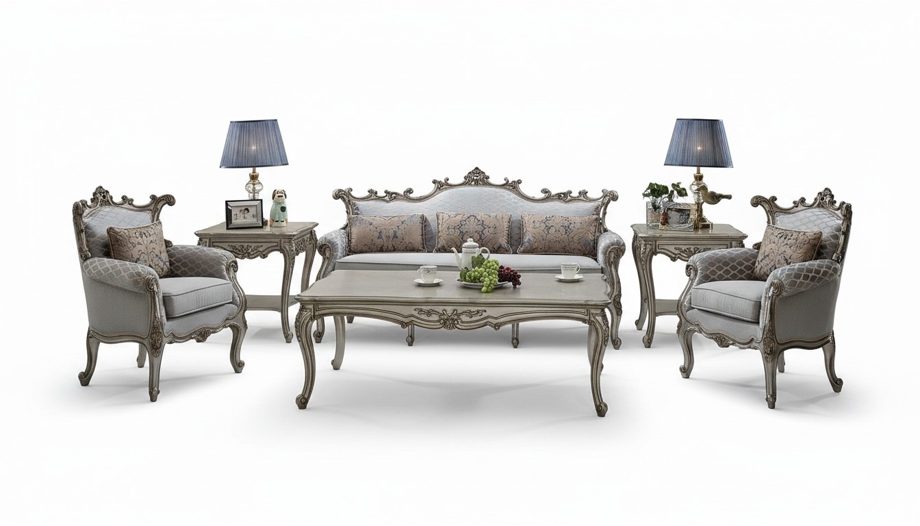 Goldene Sofagarnitur 3+2+1 Sitzer 2x Beistelltisch Couchtisch 6tlg. Wohnzimmer