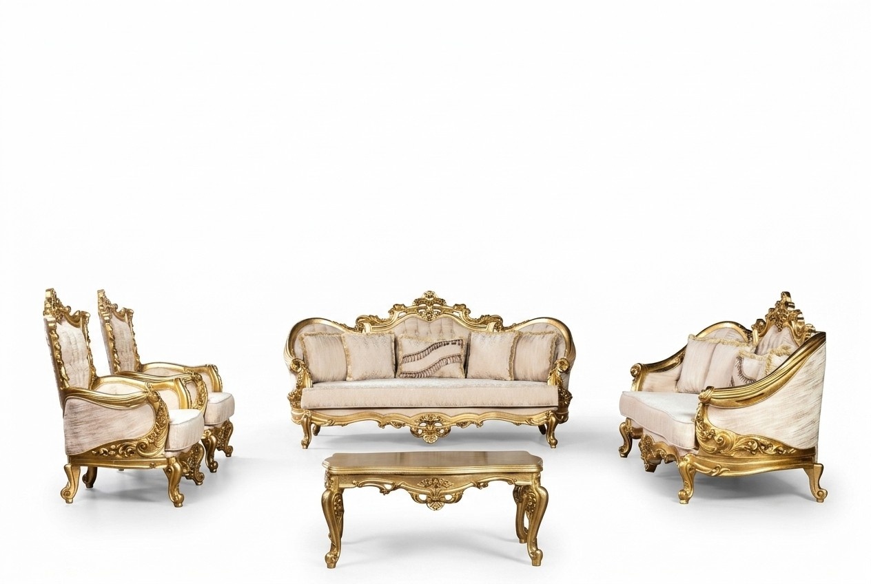 Goldene Sofagarnitur Couch Set 5tlg mit Couchtisch Chesterfield Barock