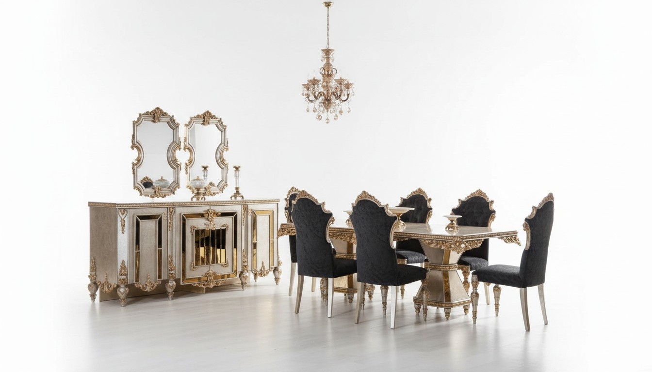 Goldenes Esszimmer Set Esstisch Essgruppe 4x Stuhl Sideboard Tisch 7tlg