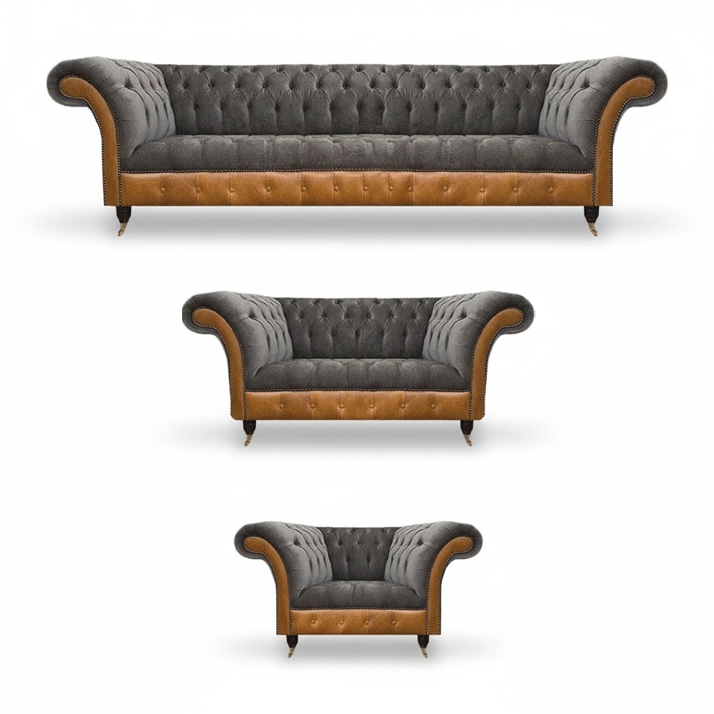 Grau-Braune Chesterfield Sitzgarnitur Polstersofas Textil Couchen 3tlg