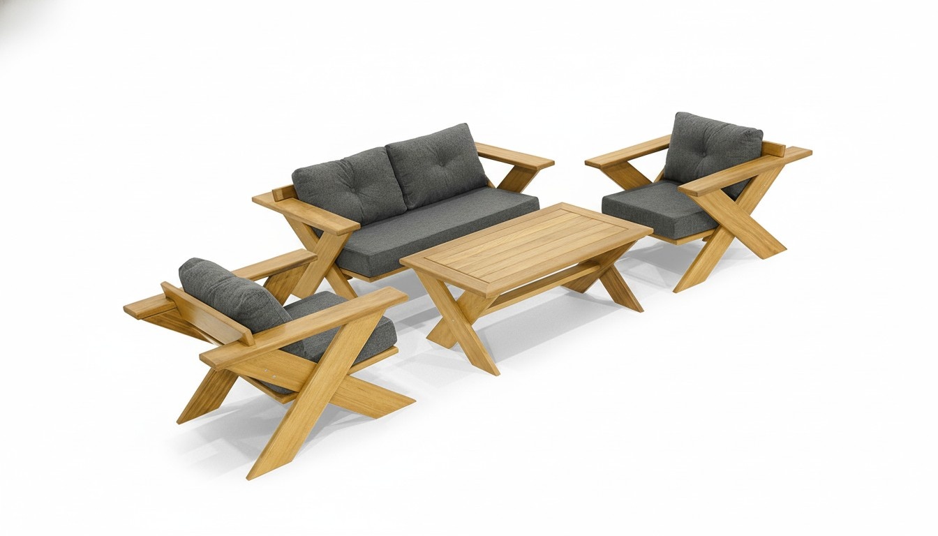 Grau-Braune Garten Möbel Holz Couchtisch Designer 2x Sessel 2-Sitzer