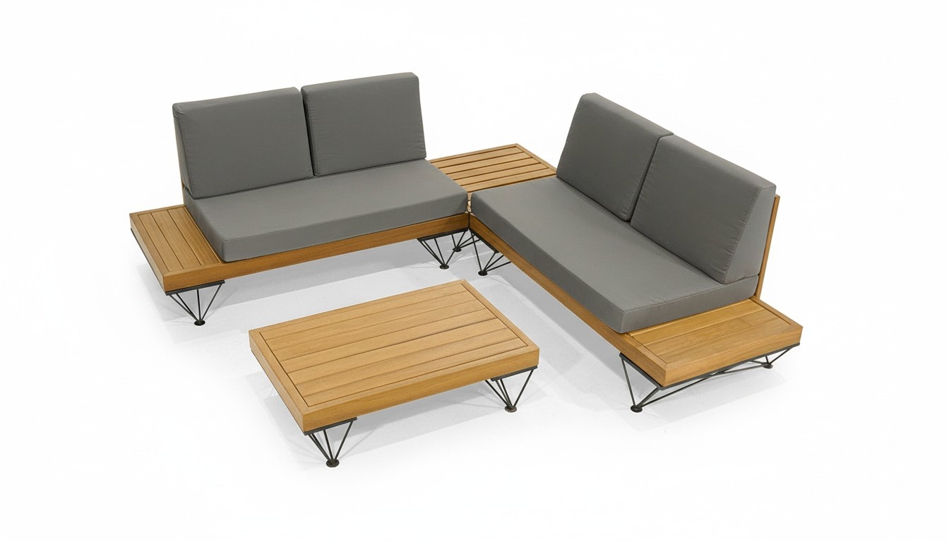 Grau-Braune Gartensitz Möbel Robuster Holz Couchtisch Luxus Eckbank 2tlg