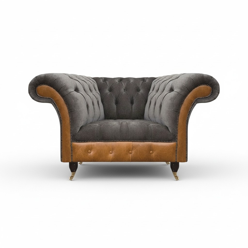 Grau-Brauner Chesterfield Sessel Polstersessel Wohnzimmer Textil 1-Sitzer