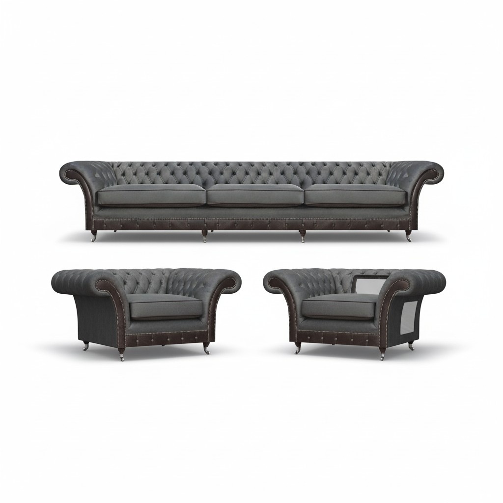 Grau Designer Polstermöbel Garnitur 3tlg Chesterfield Wohnzimmer Polstersitz