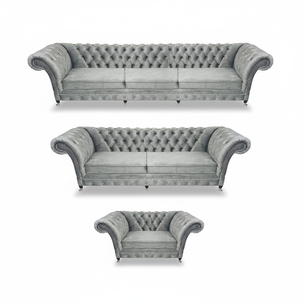 Grau Luxus Wohnzimmer Set 3tlg Textil Polstermöbel Designer Möbel Chesterfield