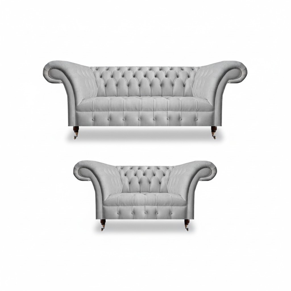 Grau Moderne Textil Möbel Wohnzimmer 2x Sofas Chesterfield Polstermöbel