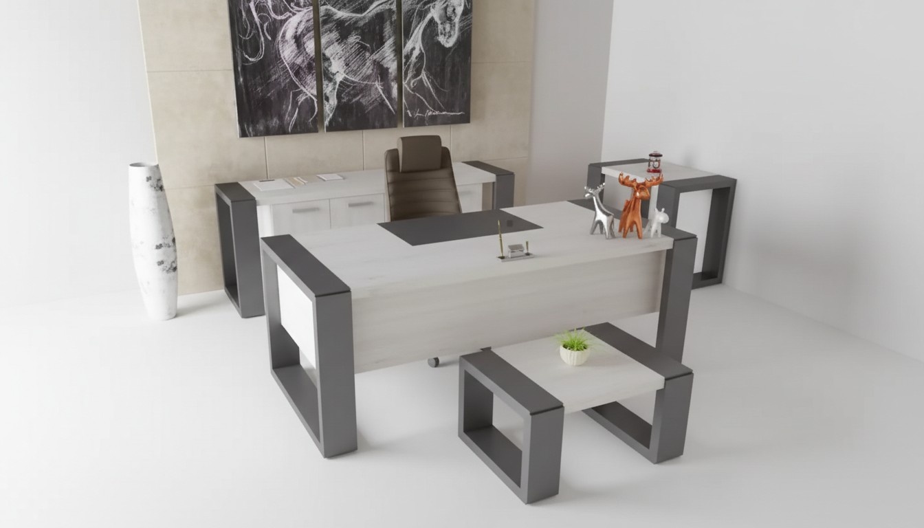 Graue Büro Einrichtung Schreibtisch Aktenschrank Kommode Couchtisch 3tlg. Set