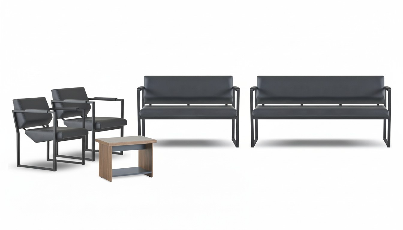 Graue Büro Möbel Moderne Sitzbank Leder 2-Sitzer 2x Ledersessel Tisch