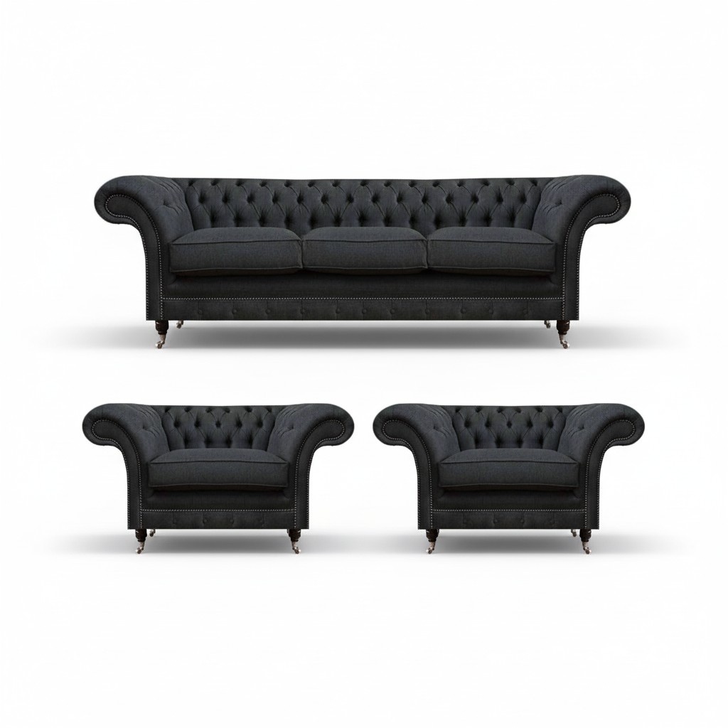 Graue Chesterfield Bettfunktion Sofa Textil 2x Sessel 3tlg Set Garnitur