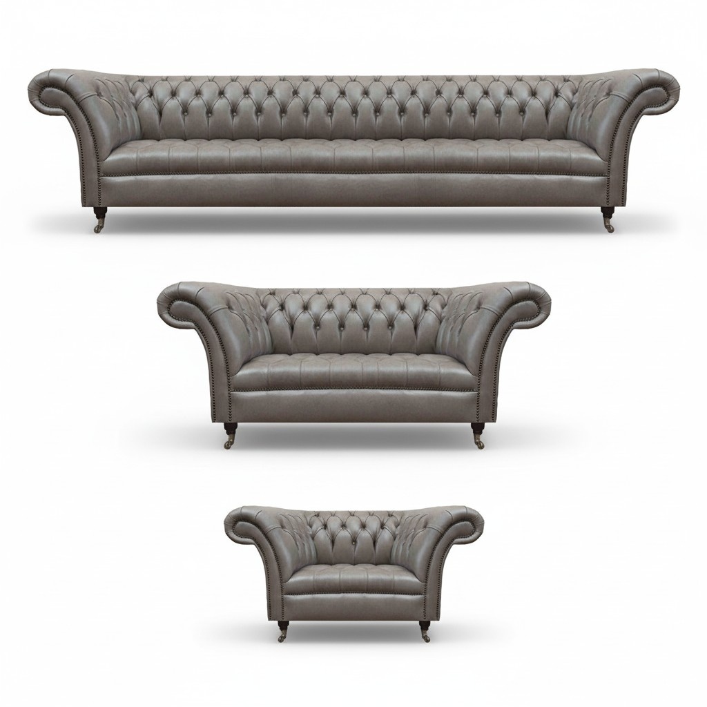 Graue Chesterfield Ledergarnitur Designer Polstercouchen Lehnsessel 3tlg