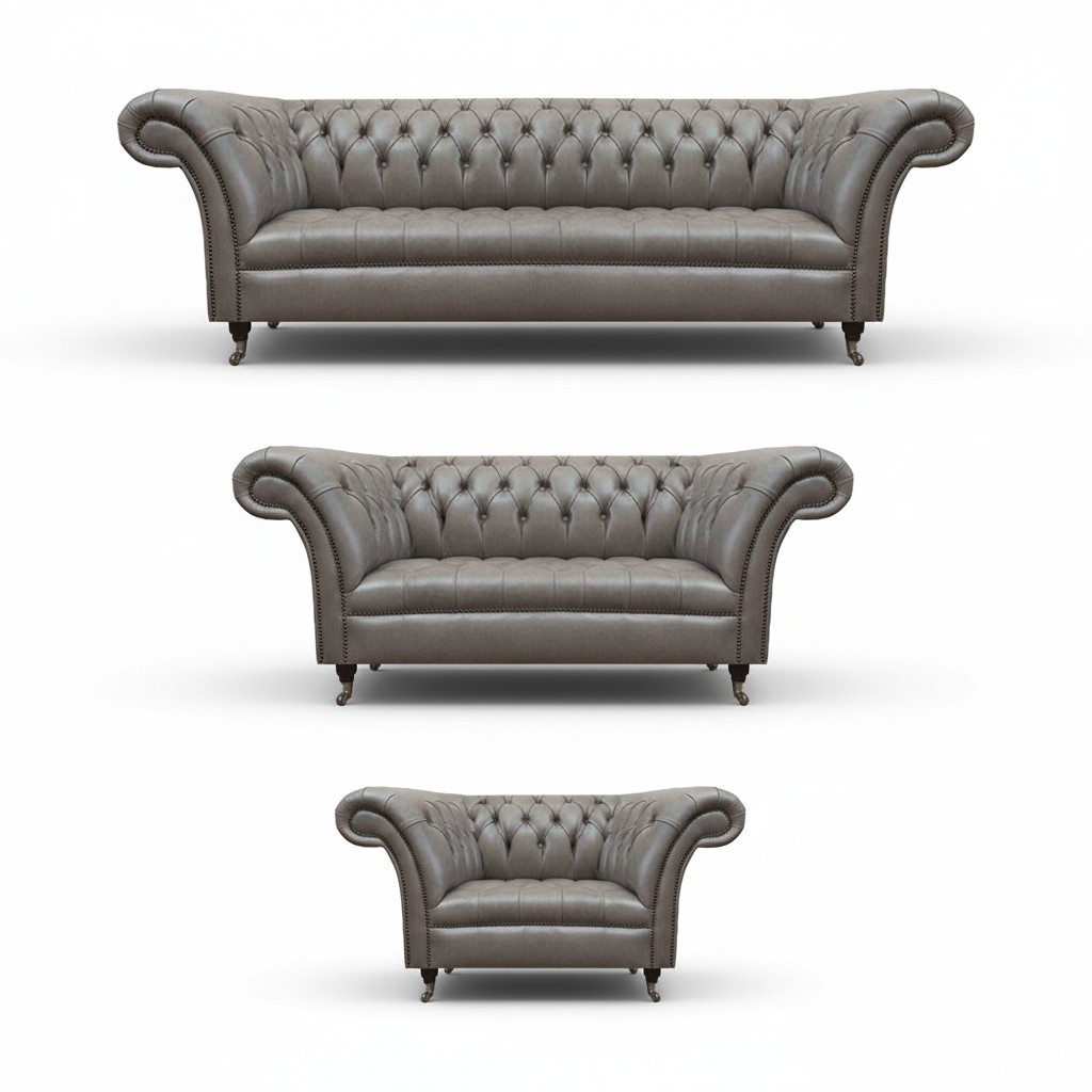 Graue Chesterfield Ledersofas Designer Einsitzer Dreisitzer Sofa Set