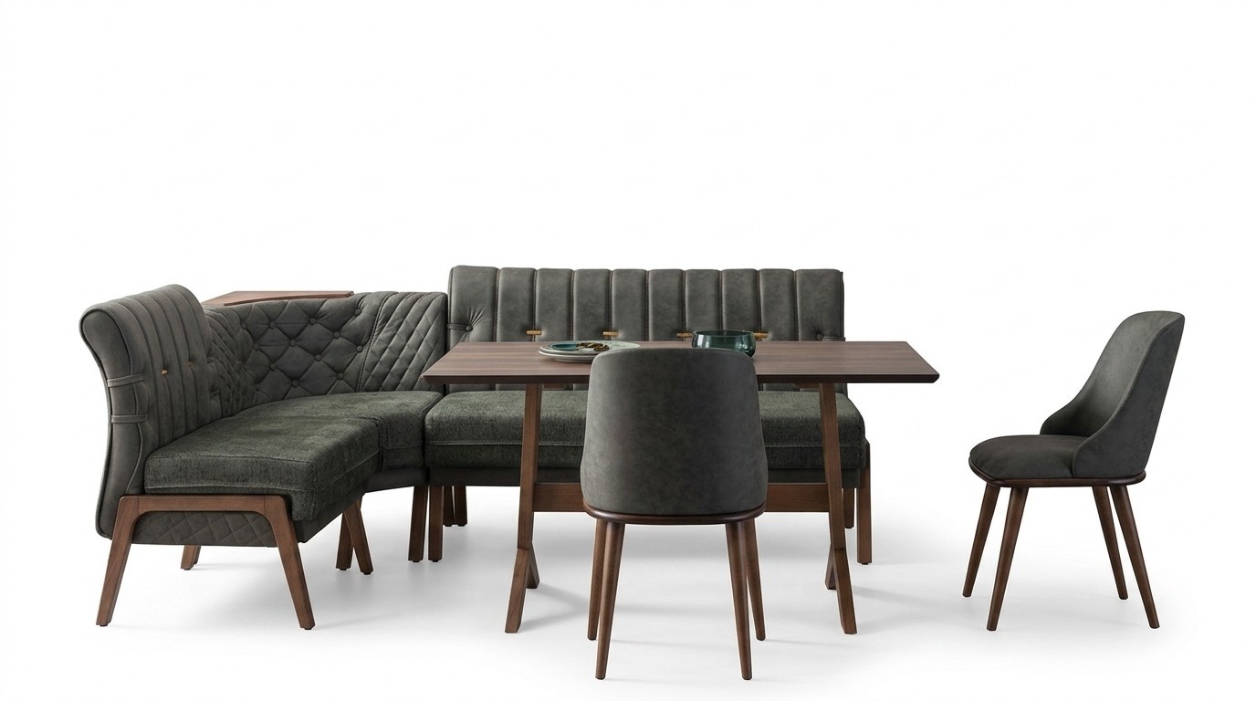 Graue Esszimmer Garnitur Holz Esstisch 2x Textilstühle Eckbank 4tlg Set