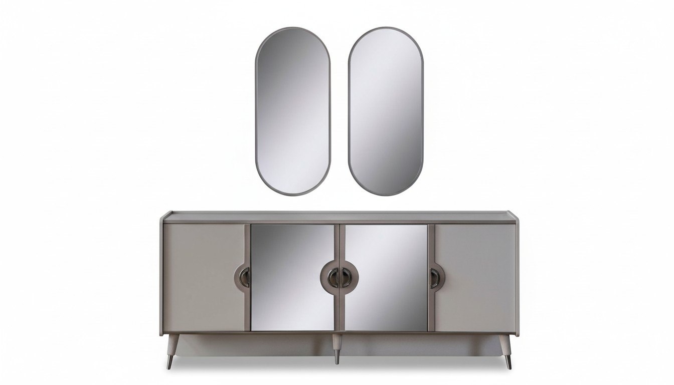 Graue Möbel Garnitur Designer 4-türiges Sideboard Exklusive Spiegel 3tlg