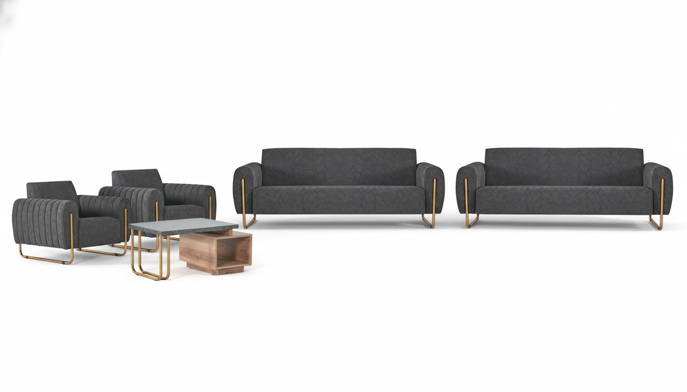 Graue Polster Sitzgarnitur Designer 3-Sitzer 2x Sessel Couchtisch 5tlg