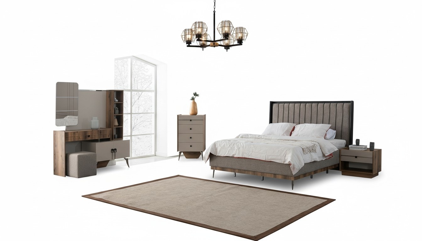 Graue Schlafzimmer Garnitur Doppelbett 2x Nachttische Holz Schminktisch