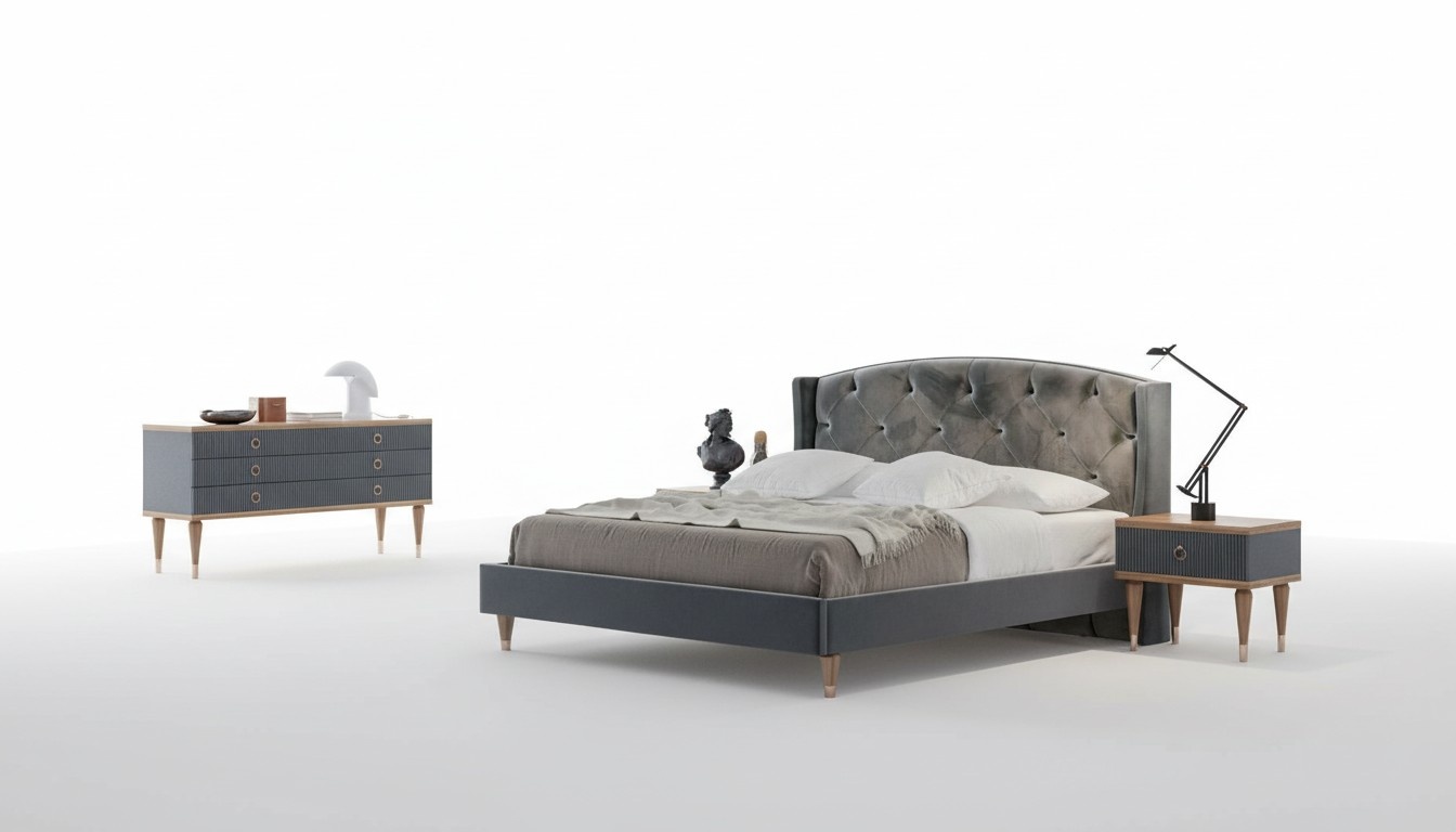 Graue Schlafzimmer Garnitur Luxus Set Doppelbett 2x Nachttische Kommode