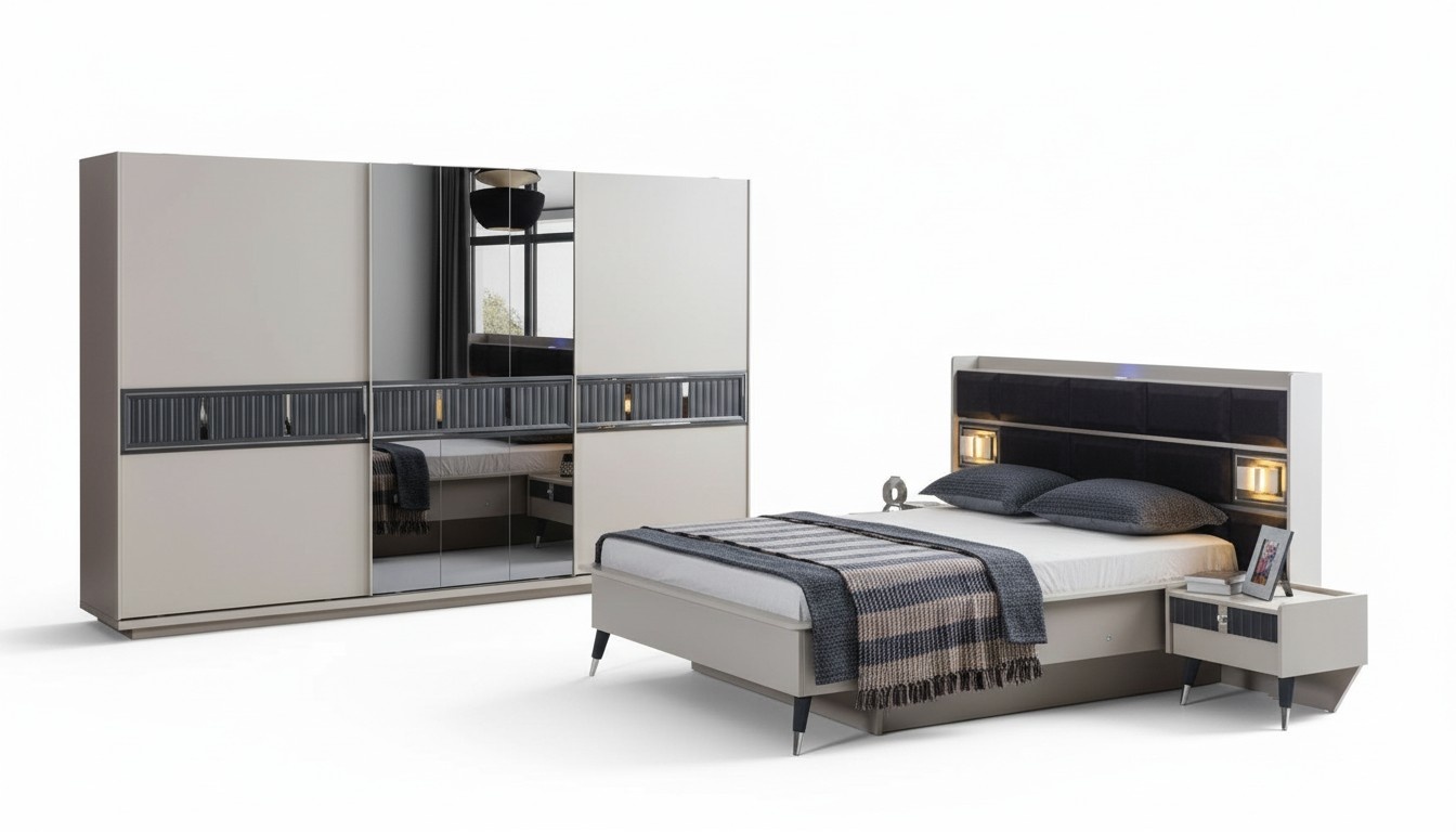 Graue Schlafzimmer Möbel Designer Bett 2x Nachttische Holz Schrank 4tlg