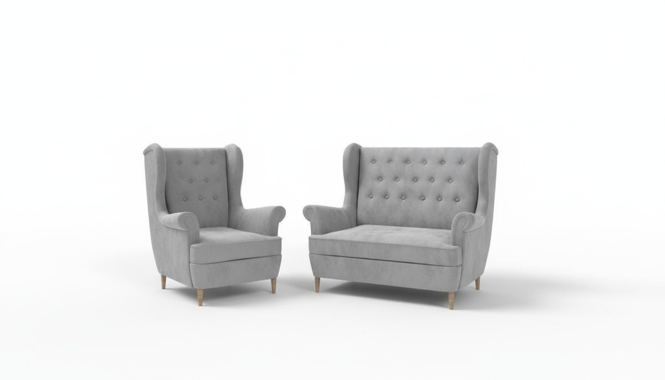 Graue Stoff Chesterfield Sofagarnitur 2+1 Sitzer Sofa Couch Polster Samt