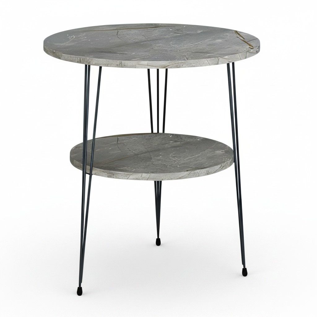 Design Couchtisch Rund mit Ablage Set - Graue Marmoroptik mit schwarzen Metallbeinen