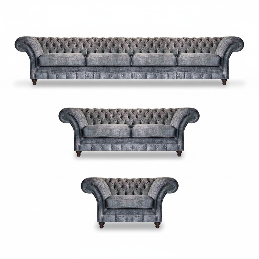 Graues Chesterfield Set Designer Couchen Luxus 4-Sitzer Sofa Sessel 3tlg