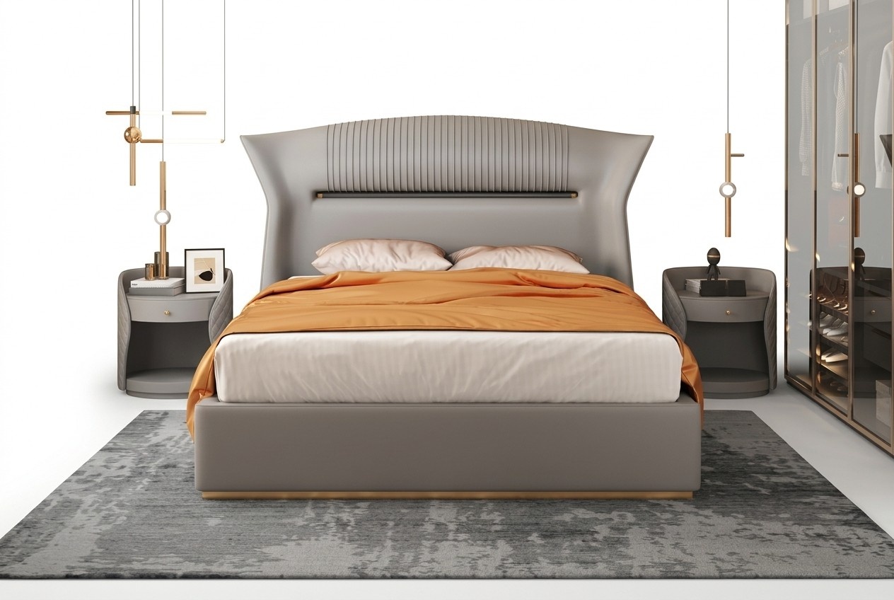 Graues Leder Bett Design Schlafzimmer Möbel Doppelbett Luxus Hotel