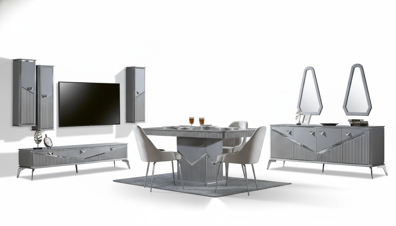 Graues moderner Esszimmer Set 4x Stuhl Spiegel Sideboard Regal 9tlg