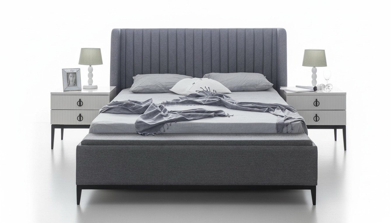 Graues Schlafzimmer Bett + 2x Nachttisch Konsolen Nachttische Betten 3tlg. Neu