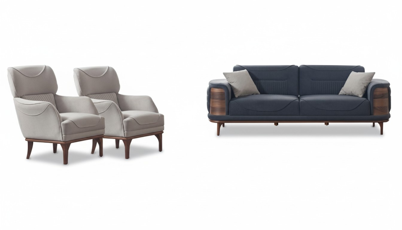 Graues Sofa komplett mit 2 weißen Sesseln luxuriöser gepolsterter Sessel, neu