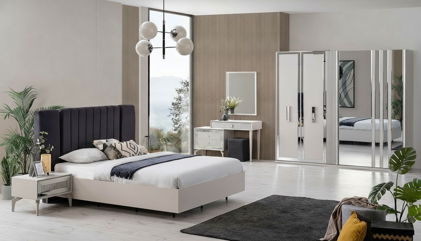 Groß Schlafzimmer Garnitur Doppelbett Bett Holz Set 7tlg Weiß Modern