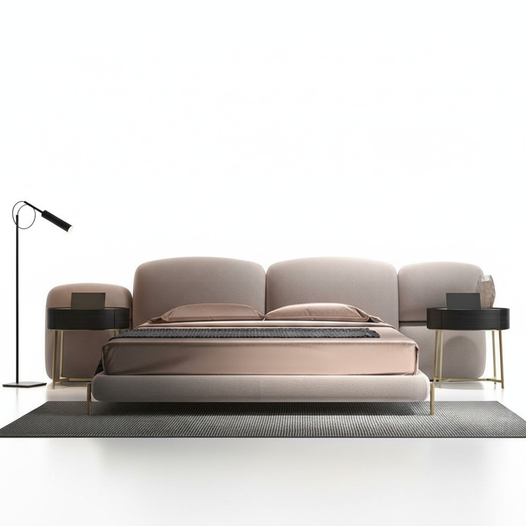Großes Beiges Schlafzimmer Doppelbett Designer Breites Textil Kopfteil
