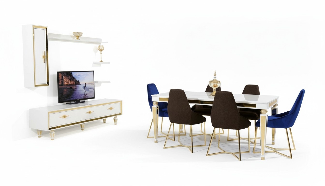 Großes Esszimmer Set Esstisch 6x Stühle TV-Ständer Wandregal Design