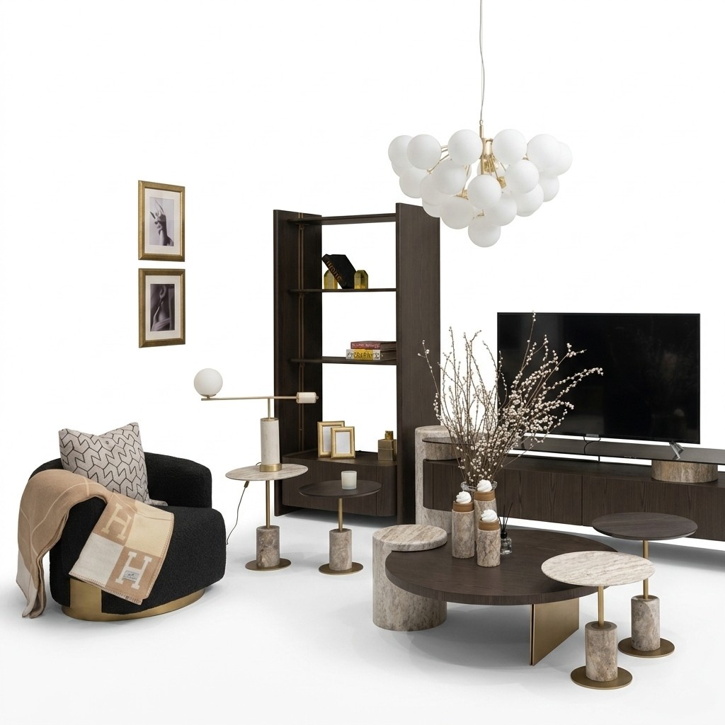 Großes Komplette Wohnzimmer Sessel Tische 7tlg Stoff Braun Holz Regale
