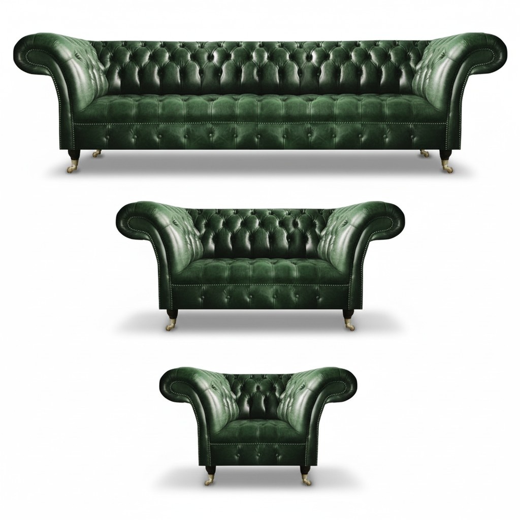 Grün Leder Sofas Set 3tlg Wohnzimmer Sofagarnitur Polstermöbel Chesterfield
