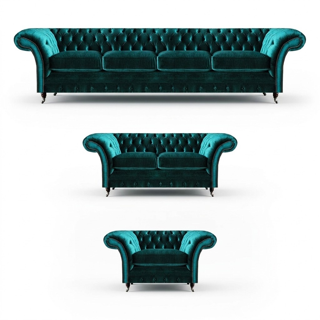 Grüne Chesterfield Textil Garnitur Wohnzimmer Designer Sofa Set 3tlg