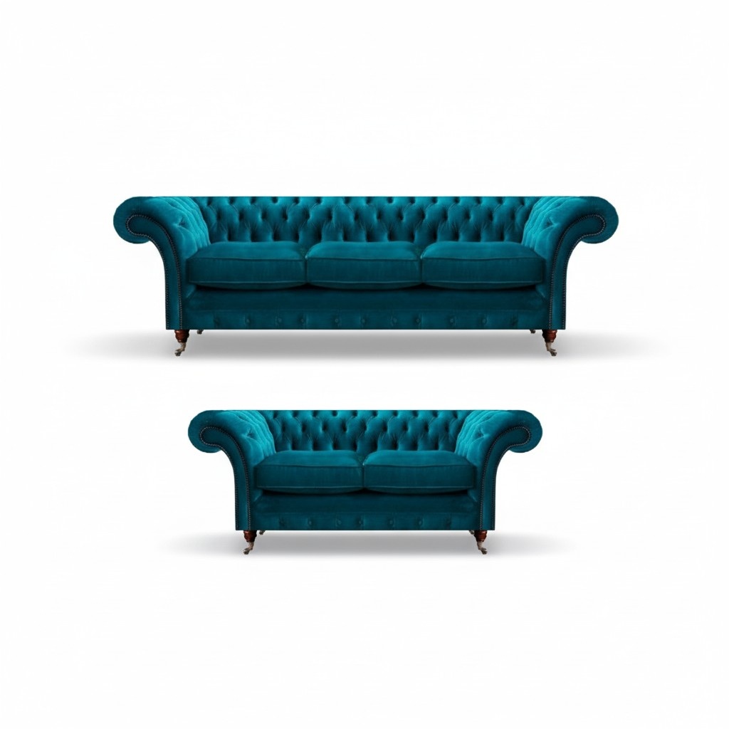 Hellblaue Wohnzimmer Textilsofas Designer Dreisitzer 2-Sitzer 2tlg Set