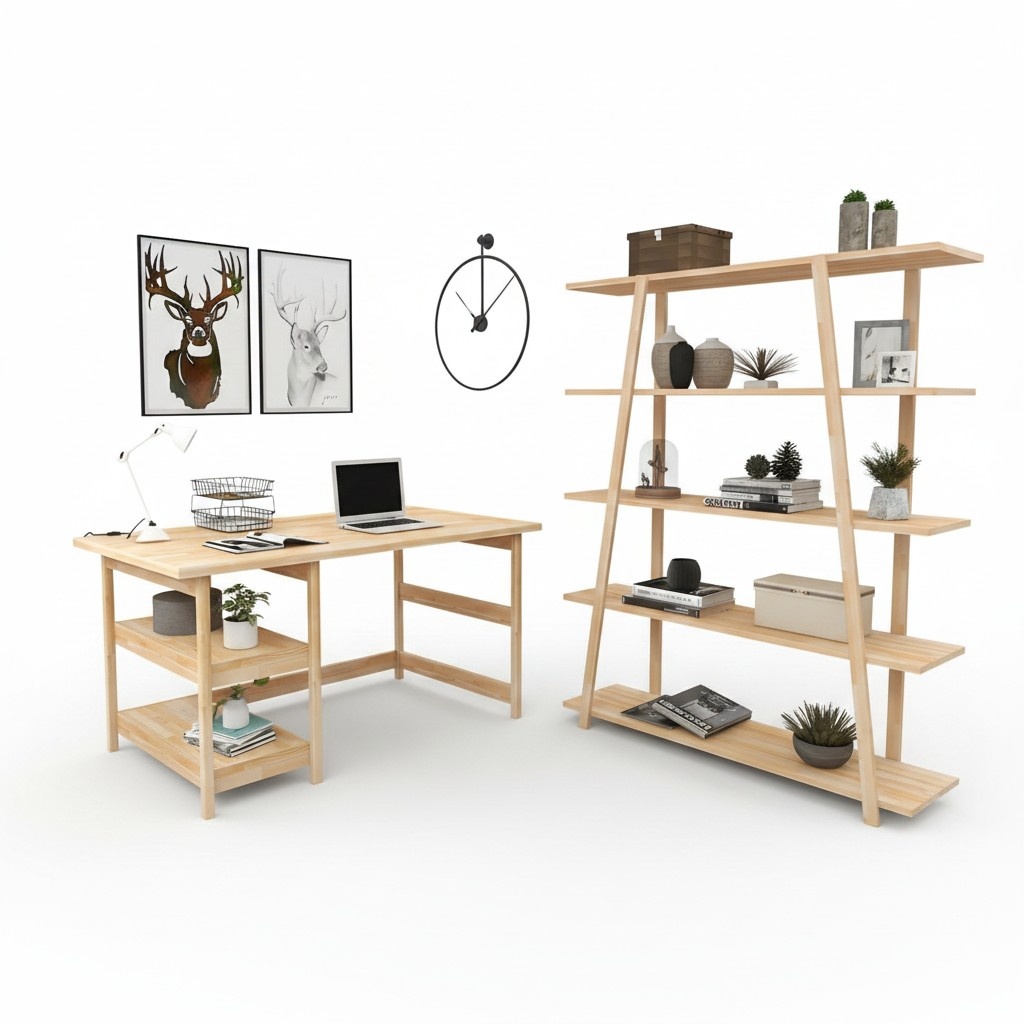 Hellbraune Arbeitszimmer Garnitur Designer Bürotisch Holz Bücherregal