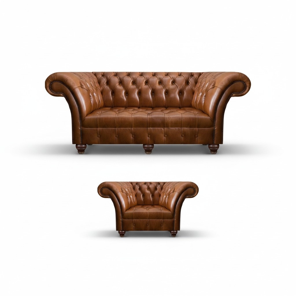 Hellbraune Chesterfield Ledergarnitur Sitzsofa Designer Sessel 2tlg Set