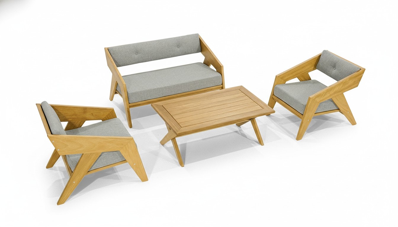 Hellbraune Gartenmöbel Garnitur Designer Sitzbank 2x Holz Sessel Tisch