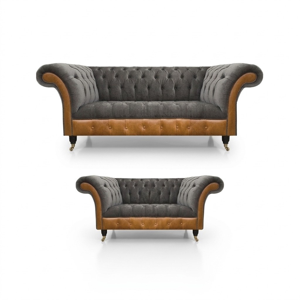 Hellgrau-Braune Chesterfield Sofa Set Edle Sitzmöbel Moderne Garnitur
