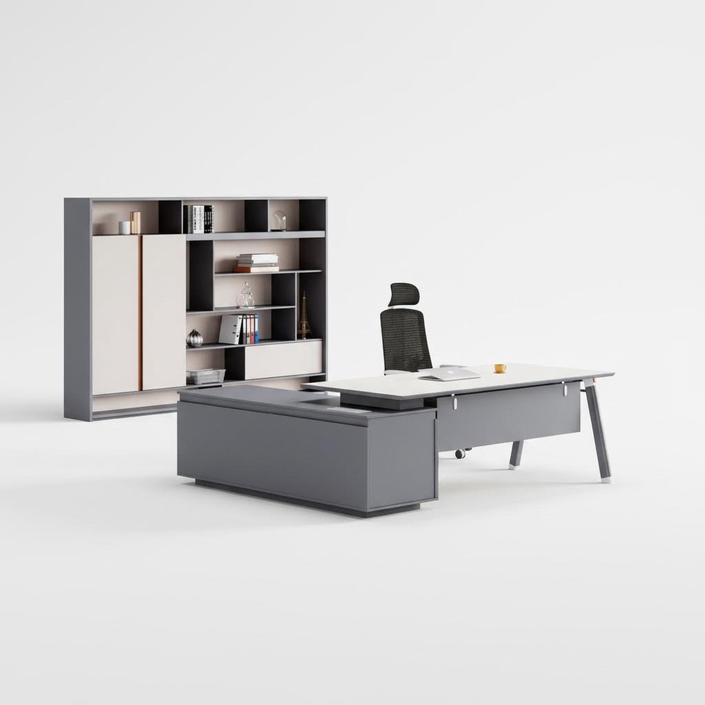 Hellgraue Arbeitszimmergarnitur Büroschrank Ecktisch Luxus Möbel 2tlg