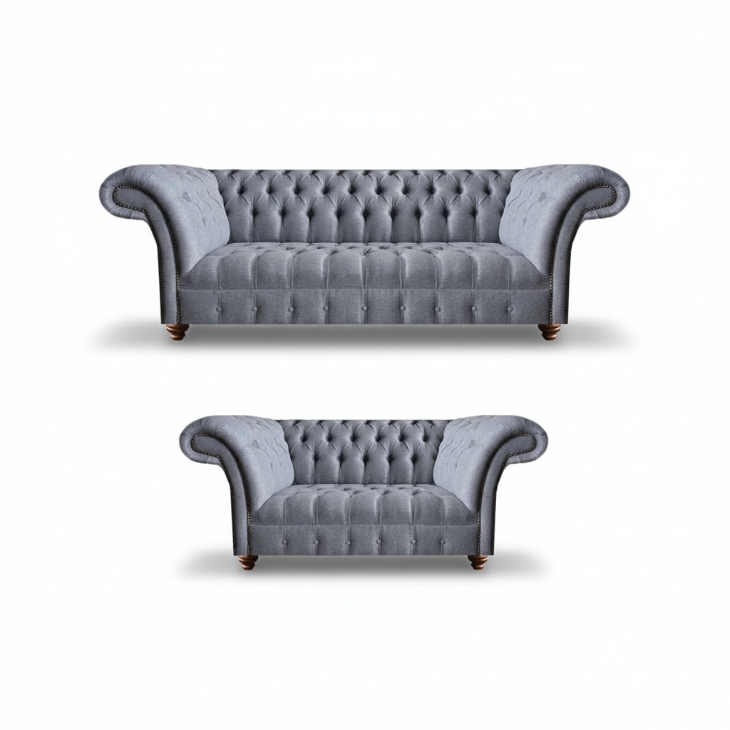 Hellgraue Chesterfield Polstercouchen Designer 3-Sitzer Zweisitzer 2tlg