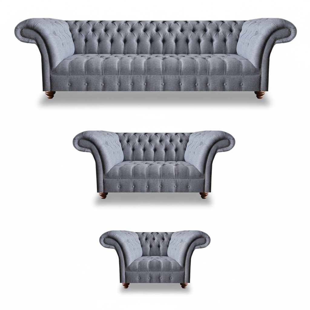 Hellgraue Chesterfield Polstergarnitur Designer Textil Sofas Sessel 3tlg
