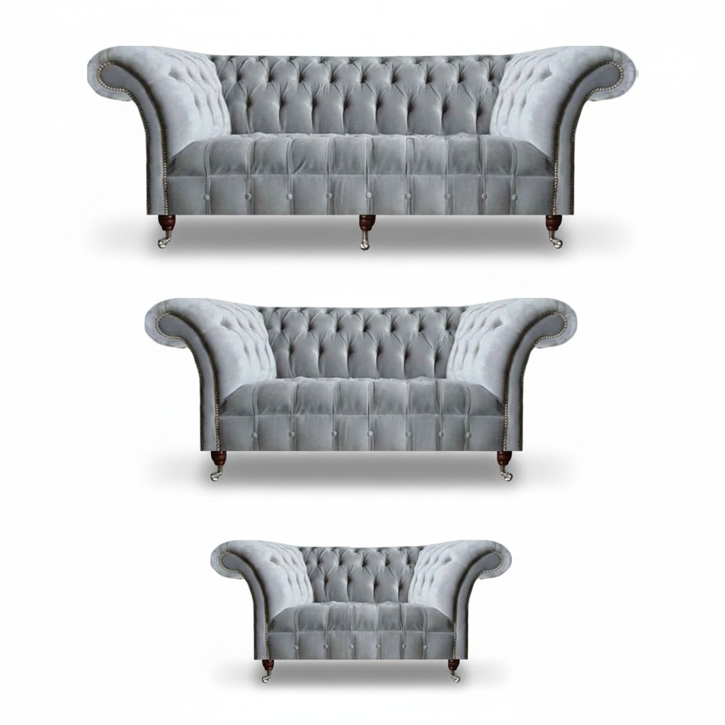 Hellgraue Chesterfield Textilsofas Designer Dreisitzer Sessel Sitzmöbel