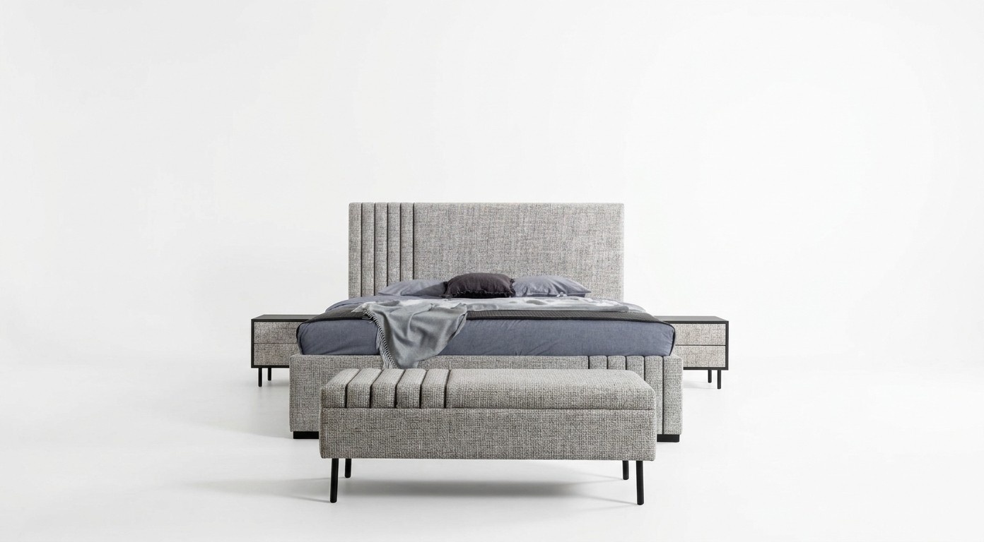 Hellgraue Schlafzimmer Möbel Designer Textilbett 2x Nachttische Bank