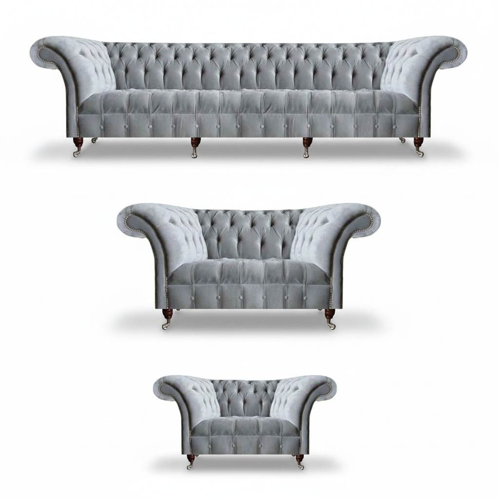 Hellgraue Wohnzimmer Chesterfield Sofas Sessel 2-Sitzer Viersitzer 3tlg