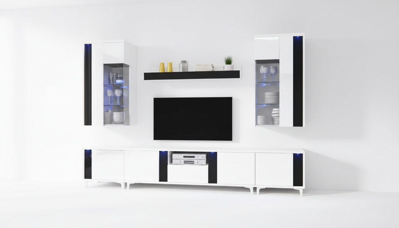 Hochglanz Wohnwand Schrankwand Wohnzimmer Schrank Vitrine Sideboard Wohnwände